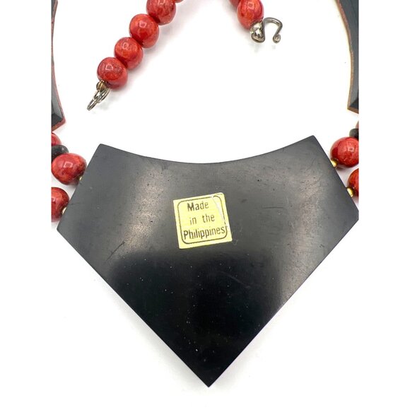 Handcrafted Red Coral Necklace Beaded Geometric Pendants Black Disk Philippines - Picture 5 of 8